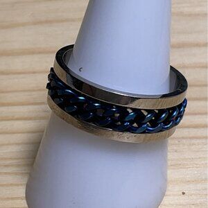 Mens Stainless Steel Electric Blue Chain Spinner Ring